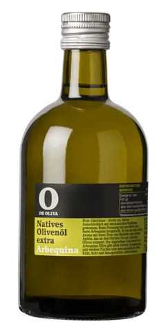 Olivenöl nativ extra Arbequina 500ml aus Spanien, kaltgepresst, fruchtige Note von grünen Äpfeln, von O de Oliva.