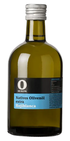 Olivenöl nativ extra Hojiblanca 500ml aus Spanien, kaltgepresst, von O de Oliva in hochwertiger Glasflasche.