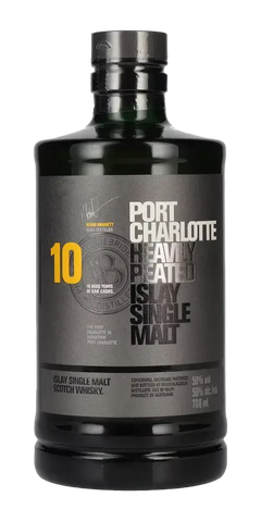 Schottischer Whisky Port Charlotte 10 Jahre, Islay Single Malt, 50% vol, 700 ml, schwere Peat-Aromen in stilvollem Design.
