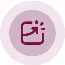 Icon für Interaktivität mit einem nach außen gerichteten Pfeil auf einem runden Hintergrund in lila und rosa Farben.