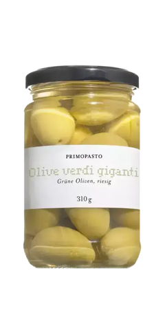 Grüne Riesenoliven 310g von Primopasto, mediterrane Feinkost in Salzlake eingelegt, ideal für Snacks und Aperitifs.