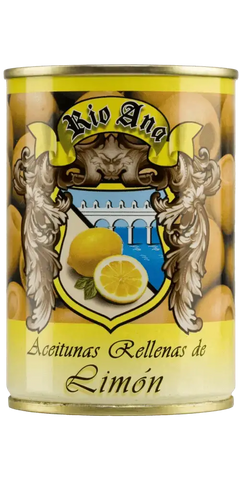 Rio Ana Aceitunas Rellenas de Limón in einer Dose, Feinkost aus Spanien mit Zitronenfüllung.