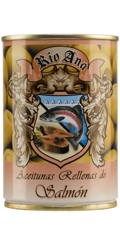 Feinkost Aceitunas Rellenas de Salmón von Rio Ana in der Dose, gefüllt mit Lachspaste, ideal als Aperitif.