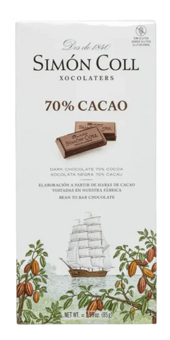 Simón Coll Feinkost Schokolade 70% Cacao, traditionelle spanische Bitter-Schokolade aus Barcelona, seit 1840