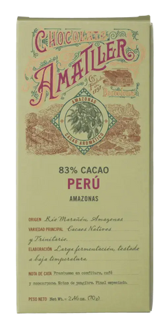 Simón Coll Amatller 83% Cacao Perú - Edle Feinkostschokolade mit nussigen und blumigen Noten, aus Trinitario-Kakao.