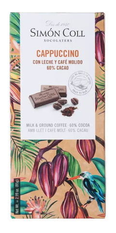 Simón Coll Feinkost Schokolade 60% Kakao Cappuccino mit Milch und gemahlenem Kaffee, hergestellt in Barcelona.