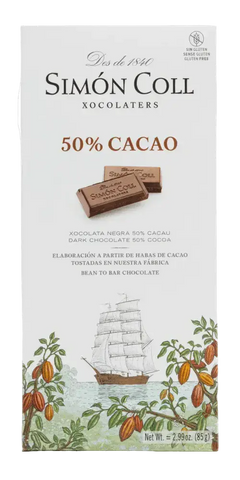 Simón Coll Feinkost Schokolade 50 % Cacao aus Barcelona, traditionelle Herstellung seit 1840, feine Halbbitter Schokolade.
