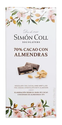 Simón Coll 70% Cacao con Almendras, hochqualitative Feinkost-Schokolade aus Spanien mit Mandeln.