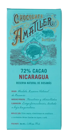 Simón Coll Feinkost - Schokolade Amatller 72% Cacao Nicaragua, Herkunft Bosawas, hochwertige handwerkliche Schokolade.
