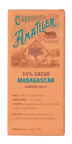 Schokolade Amatller 74% Cacao Madagascar, Trinitario Bohnen aus Sambirano, Qualität Feinkost, samtige Textur