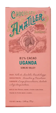 Simón Coll Feinkost Schokolade 81 % Cacao Uganda aus Semuliki-Tal, cremiger Schmelz, tropische Früchte, Nüsse.