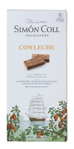 Simón Coll Feinkost: Milchschokolade mit 32% Kakaoanteil, glutenfrei, aus Barcelona, traditionelle Rezeptur.