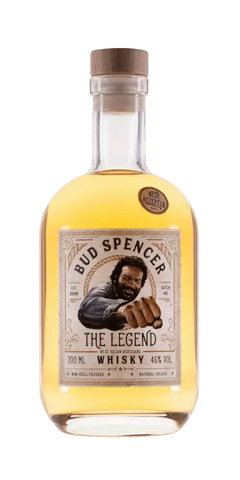 Deutscher Whisky Bud Spencer The Legend in Glasflasche, 700 ml, 46% Vol, goldgelb, hochwertige Abfüllung.