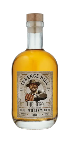 Deutscher Whisky St. Kilian Terence Hill The Hero mild, 700 ml Flasche mit 46% Vol., hellgoldene Farbe.