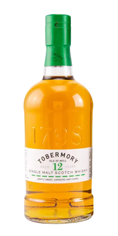 Schottischer Whisky Tobermory, 12 Jahre, Isle of Mull, bernsteinfarbener Single Malt mit fruchtigen und floralen Noten.