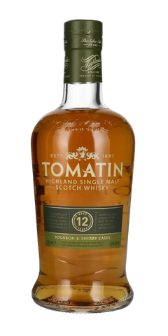 Schottischer Whisky Tomatin 12 Jahre, Highland Single Malt, gereift in Ex-Bourbon und Ex-Sherry Fässern.