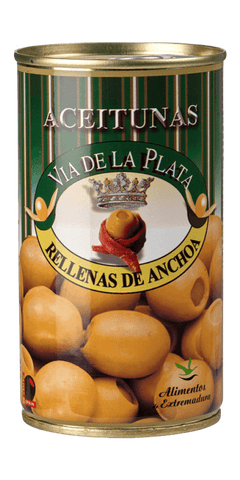 Aceitunas Rellenas de Anchoa in Dose, feine Oliven aus Extremadura, würzig und gefüllt mit Sardellenpaste.