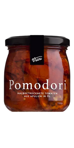 Pomodori halbtrockene Tomaten in Öl von Viani, mediterrane Feinkost aus Apulien, 180g Glas.