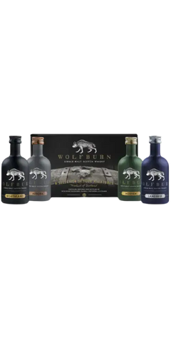 Schottischer Whisky Mini Tasting-Set von Wolfburn mit vier verschiedenen Sorten zur Geschmacksprobe.