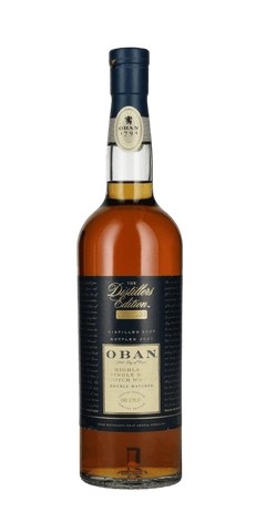 Schottischer Whisky Oban Distillers Edition in hochwertiger Flasche mit charakteristischem Etikett und dunklem Design.