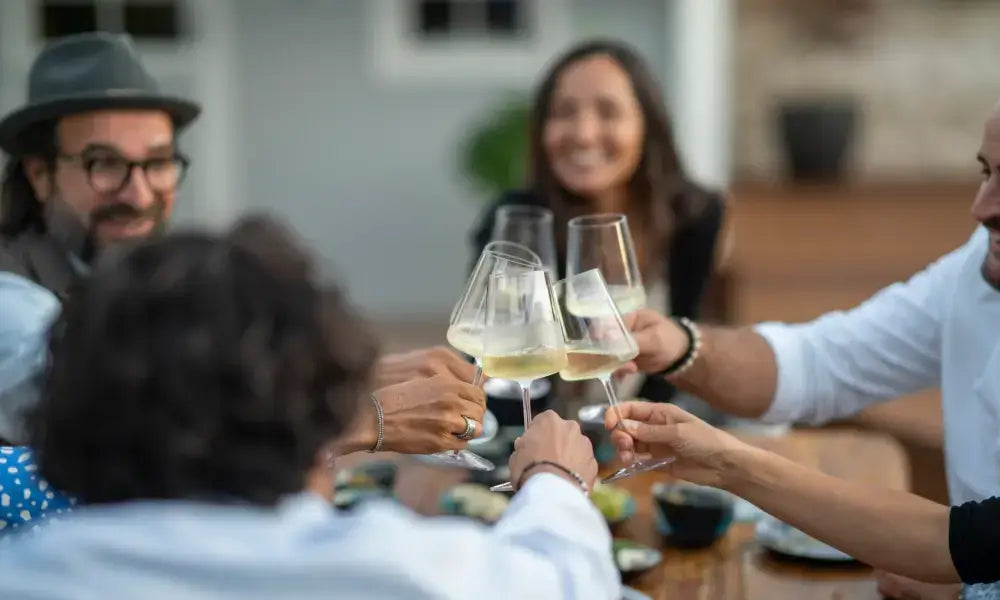 Dein Wein Tasting in Rastatt: Freunde stoßen mit Weißwein an und genießen einen geselligen Abend.