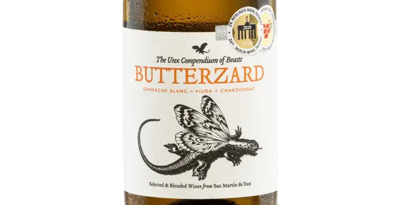 Butterzard Weinflasche mit Etikett von Bodegas San Martin de Unx, sortenrein mit prägnanter Drachengrafik.