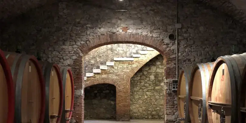 Valpolicella DOC Classico: Innenansicht eines Weinkellers mit Holzfässern und Steinmauern bei Vigneti Villabella.