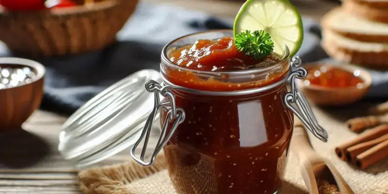 Kapernäpfel-Chutney im Einmachglas mit Limettenscheibe und Kräuterdekoration auf rustikalem Tisch.