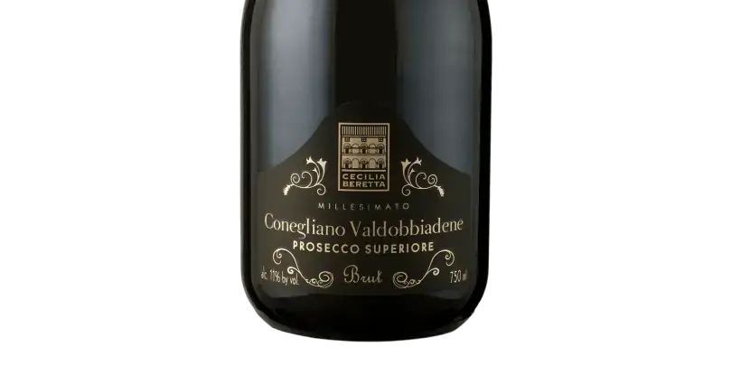 Cecilia Beretta Prosecco Superiore DOCG Flasche mit elegantem Design in Schwarz und Gold, Conegliano Valdobbiadene Brut.
