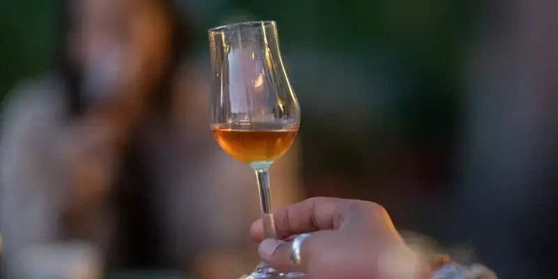 Portwein-Glas in der Hand eines Genießers, raffinierte Farbe und Eleganz, ideal für besondere Anlässe.
