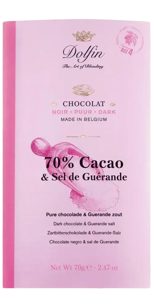 Dolfin Feinkost dunkle Schokolade 70% Kakao mit Guerande-Salz aus Belgien, 70g, hochwertige Zartbitterschokolade.