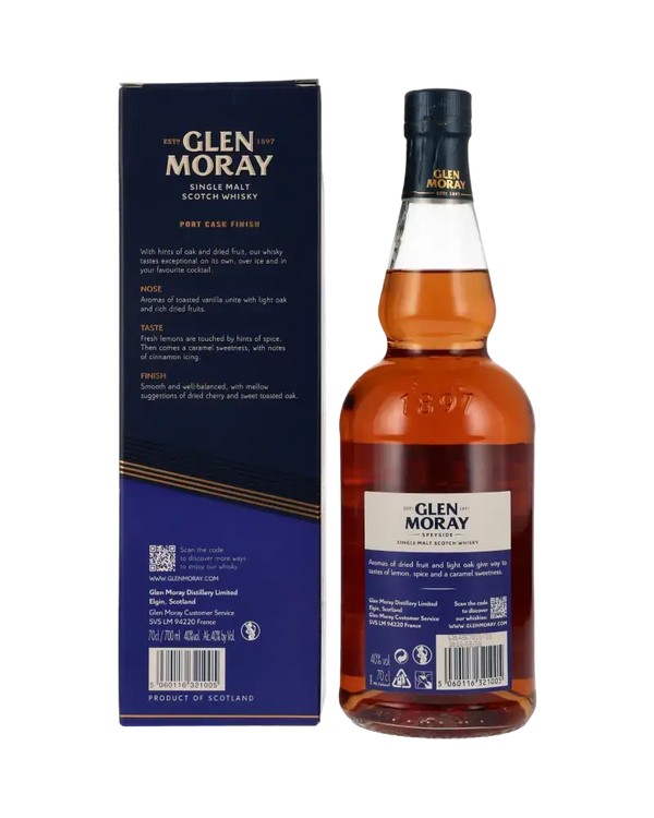 Schottischer Whisky Glen Moray Port Cask Finish – Single Malt aus Speyside, charakteristisch mit fruchtigem Abgang.