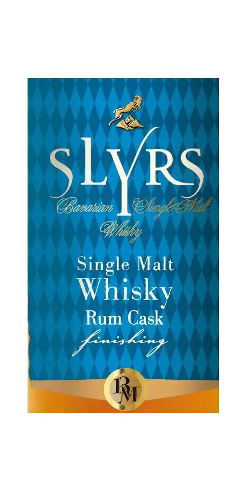 Deutscher Whisky Slyrs Rum Cask Finish, Single Malt in kunstvollem Kartondesign, bayerischer Whisky aus Deutschen Landen.