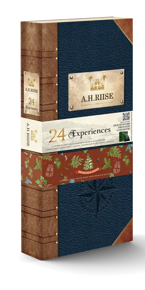 A.H. Riise Rum Adventskalender 2024 mit 24 Türchen für eine exklusive Verkostungsreise.