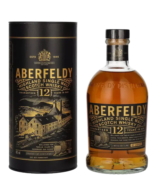 Schottischer Whisky Aberfeldy 12 Jahre, Highland Single Malt, 0,7l Flasche im Tube, goldene Farbe, feinsten Geschmack