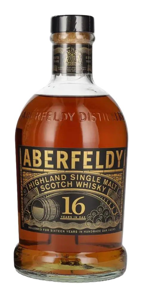 Schottischer Whisky Aberfeldy 16 Jahre Highland Single Malt, reif in Eichenfässern, mit fruchtigen und würzigen Aromen.