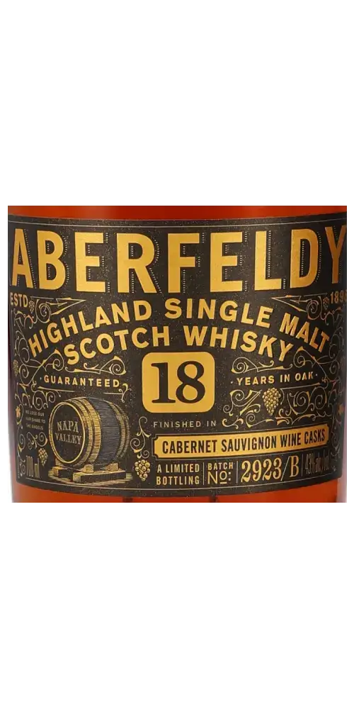 Schottischer Whisky Aberfeldy 18 Jahre, Highland Single Malt, in Cabernet Sauvignon Fässern gereift, edles Design.