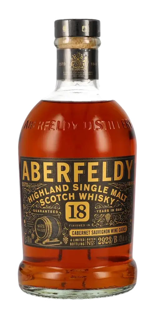 Schottischer Whisky Aberfeldy 18 Jahre, Highland Single Malt, gereift in Cabernet Sauvignon-Fässern.
