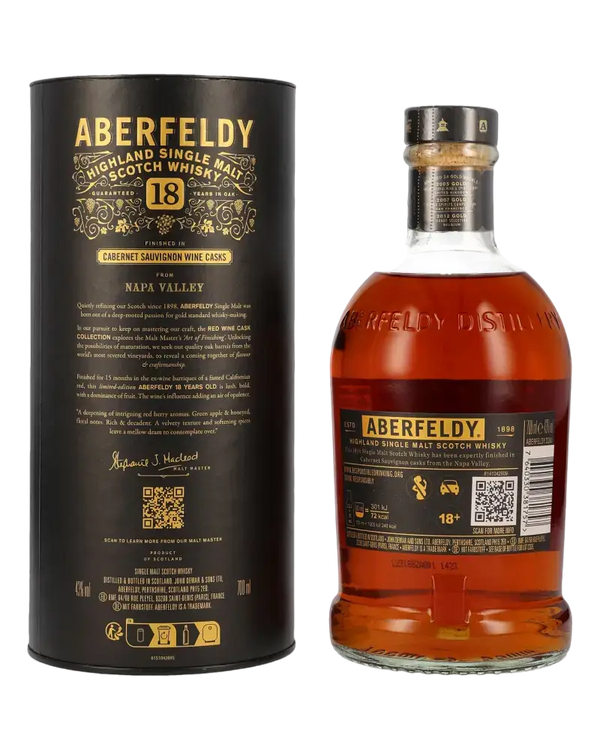 Schottischer Whisky Aberfeldy 18 Jahre in Nappa Valley mit edlem Design und besonderen Reifungsdetails.
