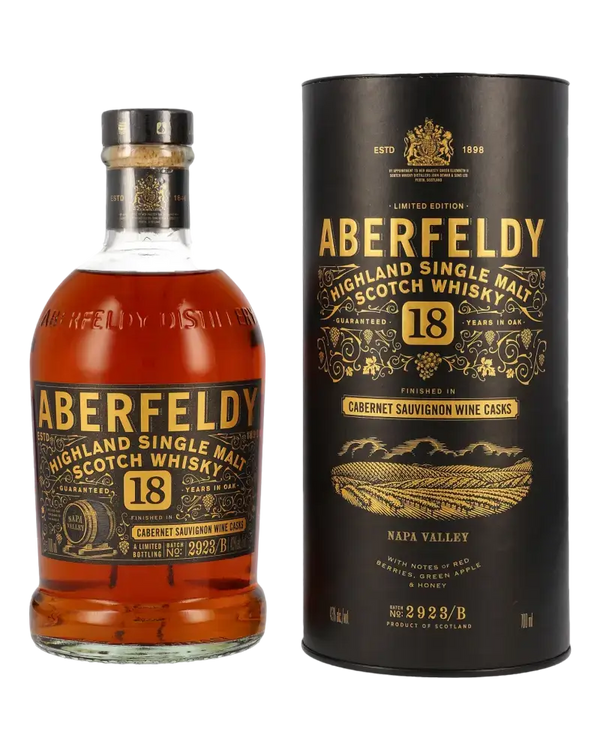 Schottischer Whisky Aberfeldy 18 Jahre Highland Single Malt in Geschenkverpackung mit Cabernet Sauvignon Fassreifung.