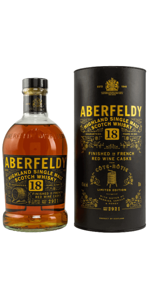 Schottischer Whisky Aberfeldy 18 Jahre, Highland Single Malt, finish in Rotwein-Fässern, limitierte Edition.