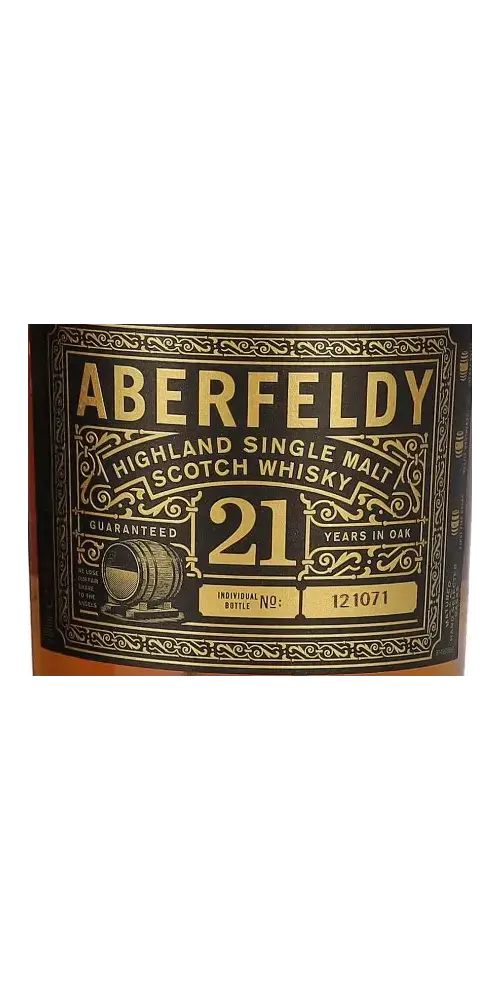Schottischer Whisky Aberfeldy 21 Jahre, Highland Single Malt, reift in Ex-Bourbon und Sherry-Fässern.
