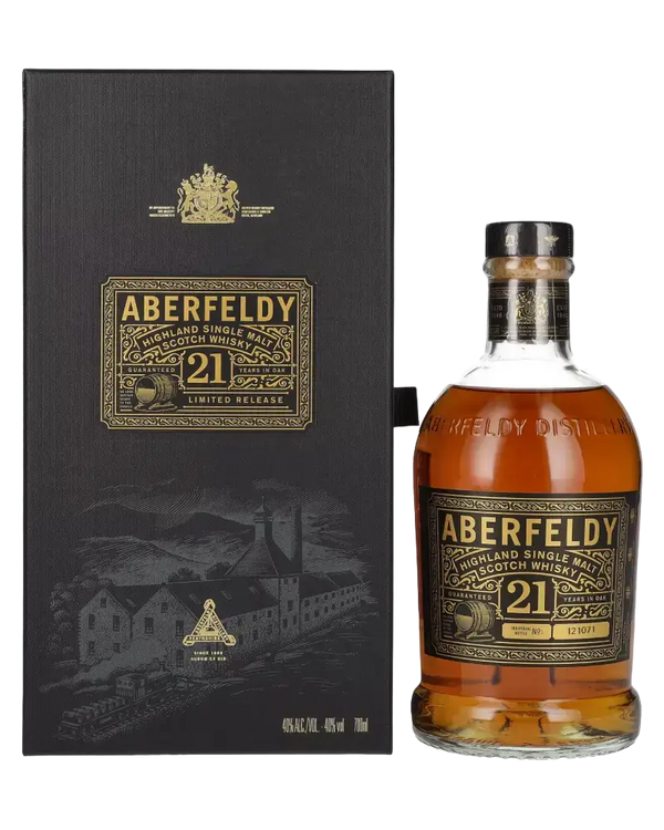Schottischer Whisky Aberfeldy 21 Jahre im Karton, single malt aus den Highlands mit Aromen von Orange und Honig.