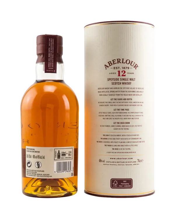 Schottischer Whisky Aberlour 12 Jahre, Speyside Single Malt, nicht kühlgefiltert, in stilvollem Verpackungsdesign.