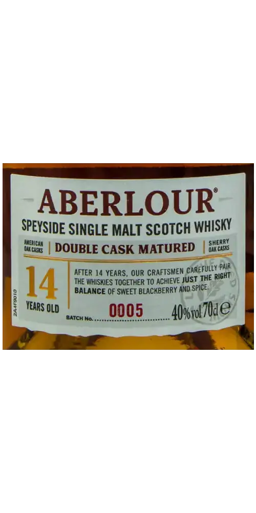 Schottischer Whisky Aberlour 14 Jahre alt, Double Cask Matured, Speyside, eleganter Geschmack von Karamell und Beeren.