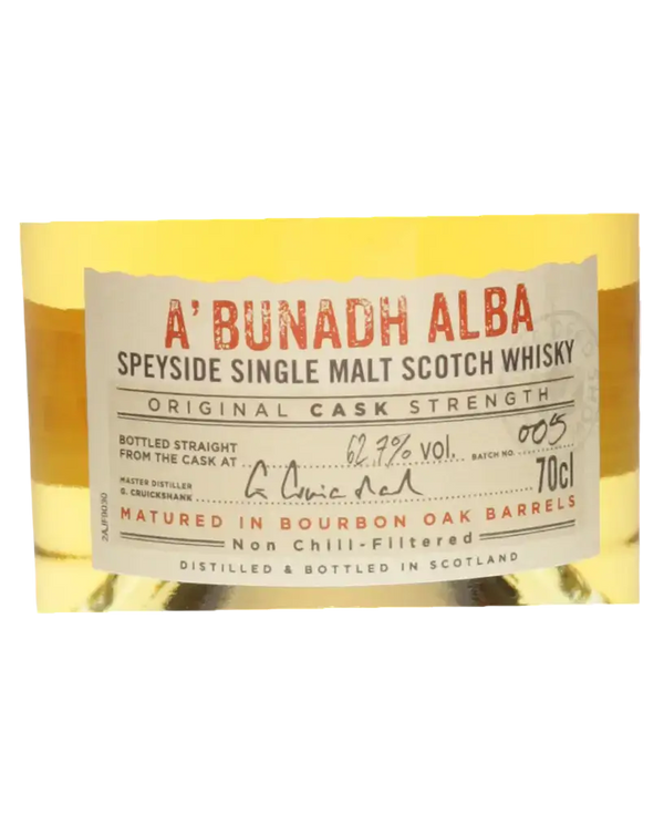Schottischer Whisky A' Bunadh Alba, Speyside Single Malt, Cask Strength, 70cl, gereift in Bourbonfässern, original abgefüllt.