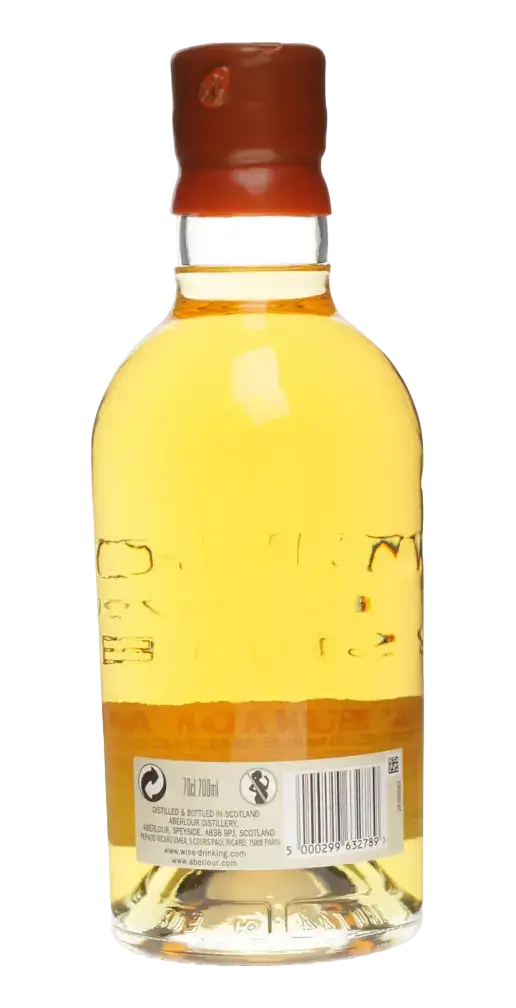 Schottischer Whisky Aberlour a´ bunadh Alba in Flasche mit dekorativem Etikett und goldgelber Flüssigkeit.