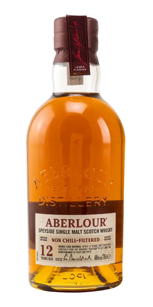 Schottischer Whisky Aberlour, 12 Jahre, nicht kühlgefiltert, Speyside Single Malt, goldene Farbe, i.d. Flasche mit Etikett.