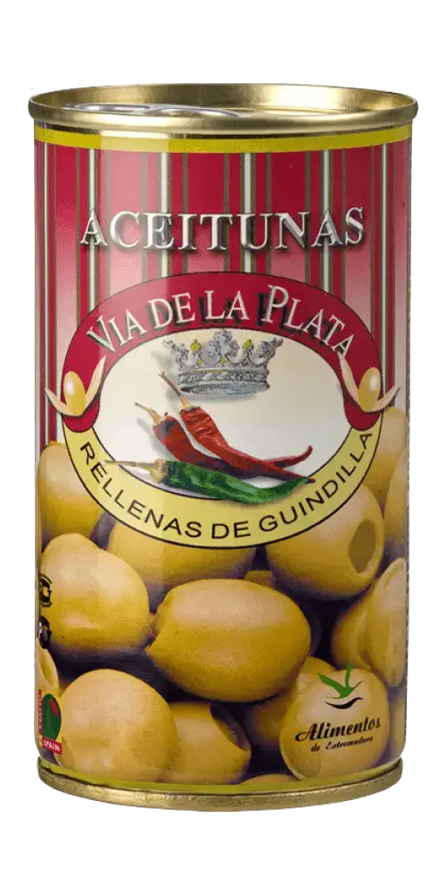 Aceitunas Rellenas de Guindilla in Dose von Via de La Plata, schmackhafte Feinkost aus Spanien.