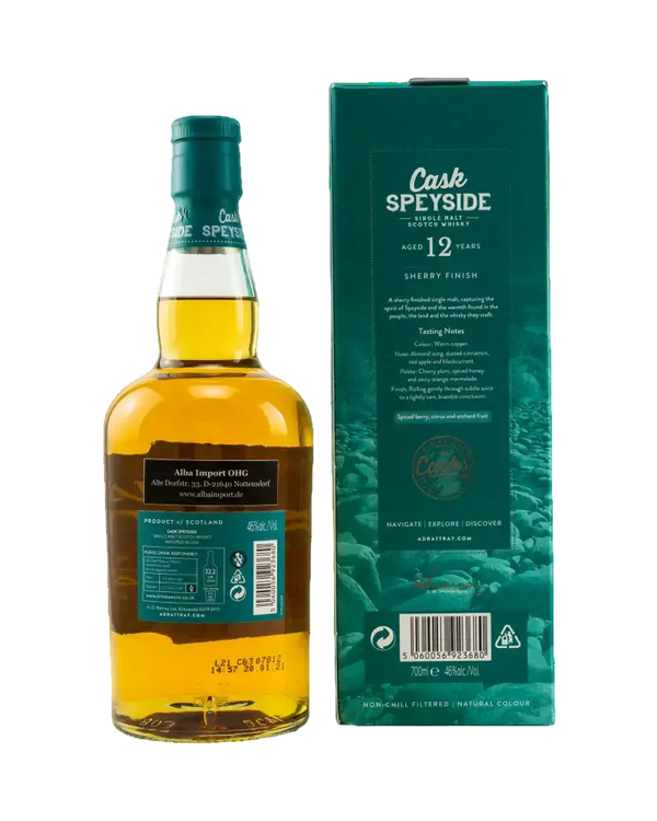 Schottischer Whisky Cask Speyside 12 Jahre in Box mit Sherry-Finish, reichhaltige Aromen von Früchten und Gewürzen.